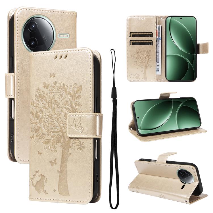 

For Redmi K80 / K80 Pro Tree & Cat Embossed Pattern Flip Leather Phone Case(Gold)