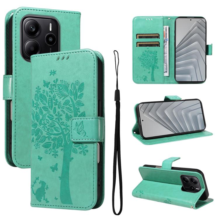 

For Redmi Note 14 4G Global 163.25mm Tree & Cat Embossed Pattern Flip Leather Phone Case(Green)