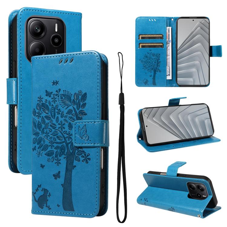 

For Redmi Note 14 4G Global 163.25mm Tree & Cat Embossed Pattern Flip Leather Phone Case(Blue)