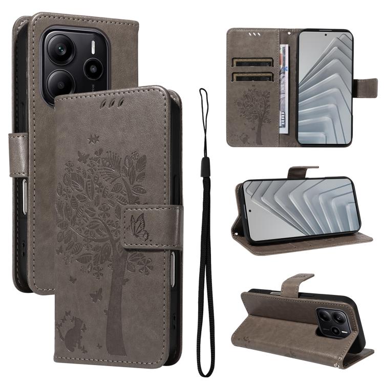 

For Redmi Note 14 4G Global 163.25mm Tree & Cat Embossed Pattern Flip Leather Phone Case(Grey)
