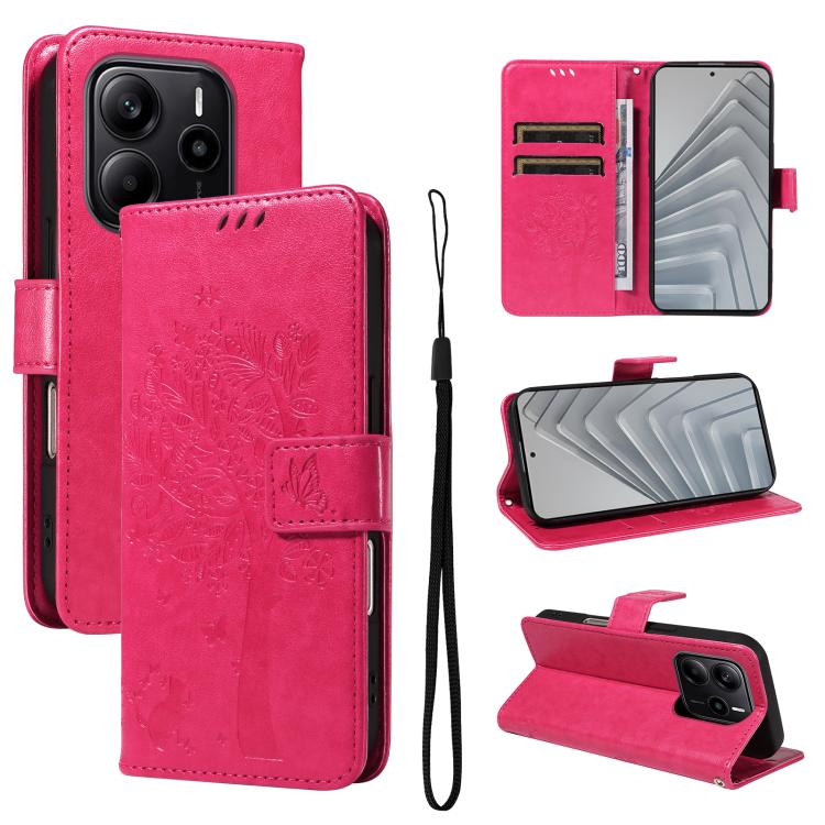 

For Redmi Note 14 4G Global 163.25mm Tree & Cat Embossed Pattern Flip Leather Phone Case(Rose Red)