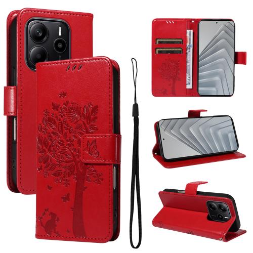 

For Redmi Note 14 4G Global 163.25mm Tree & Cat Embossed Pattern Flip Leather Phone Case(Red)