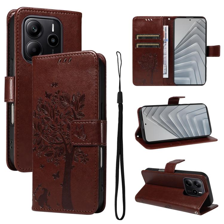 

For Redmi Note 14 4G Global 163.25mm Tree & Cat Embossed Pattern Flip Leather Phone Case(Coffee)