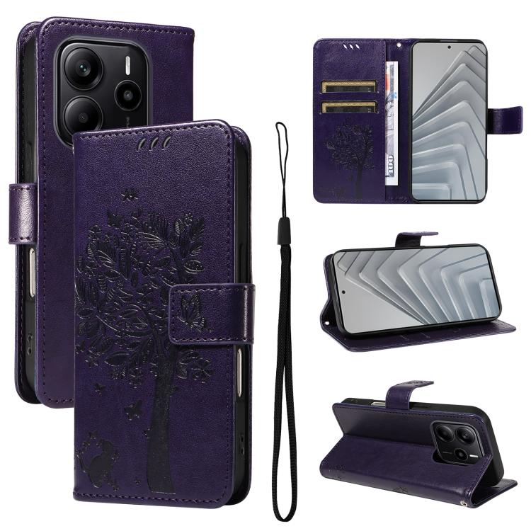 

For Redmi Note 14 4G Global 163.25mm Tree & Cat Embossed Pattern Flip Leather Phone Case(Purple)