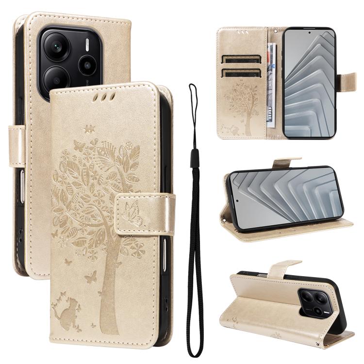 

For Redmi Note 14 4G Global 163.25mm Tree & Cat Embossed Pattern Flip Leather Phone Case(Gold)