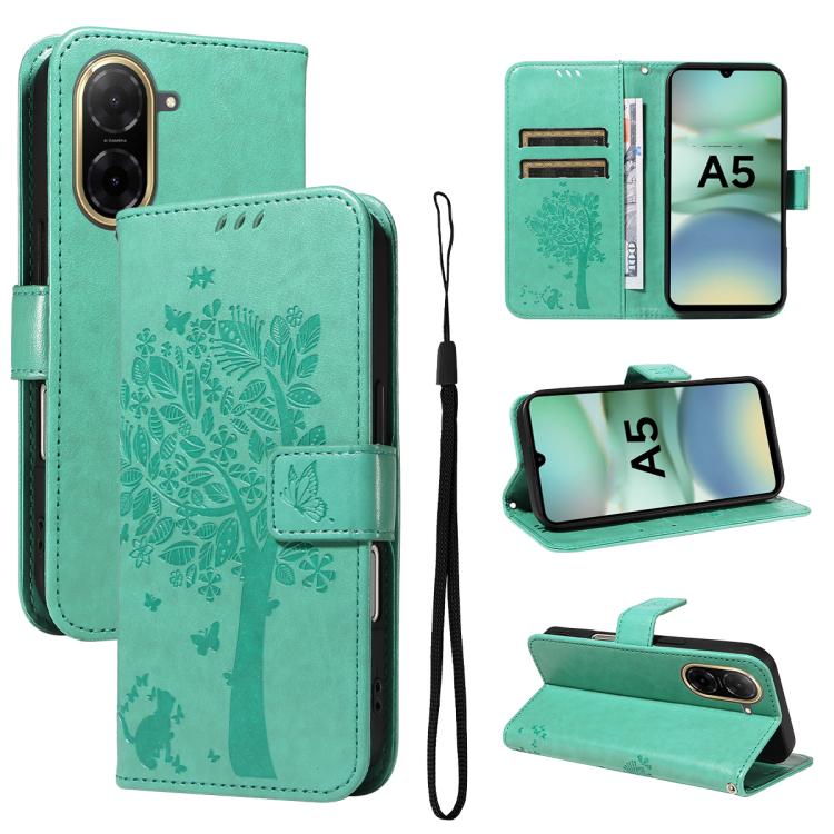 

For Redmi A5 4G 173.3mm Tree & Cat Embossed Pattern Flip Leather Phone Case(Green)