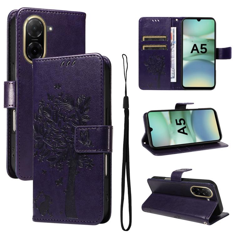 

For Redmi A5 4G 173.3mm Tree & Cat Embossed Pattern Flip Leather Phone Case(Purple)