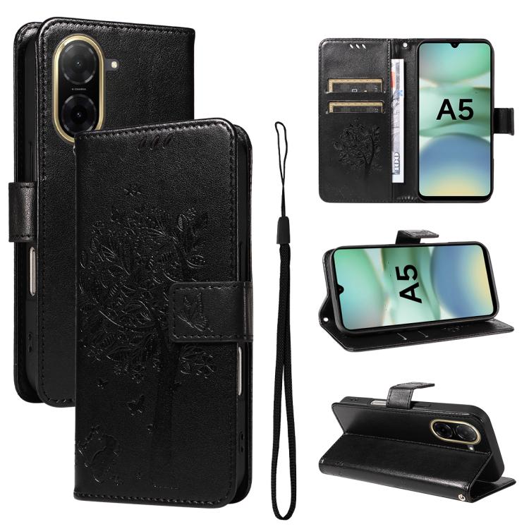 

For Redmi A5 4G 173.3mm Tree & Cat Embossed Pattern Flip Leather Phone Case(Black)