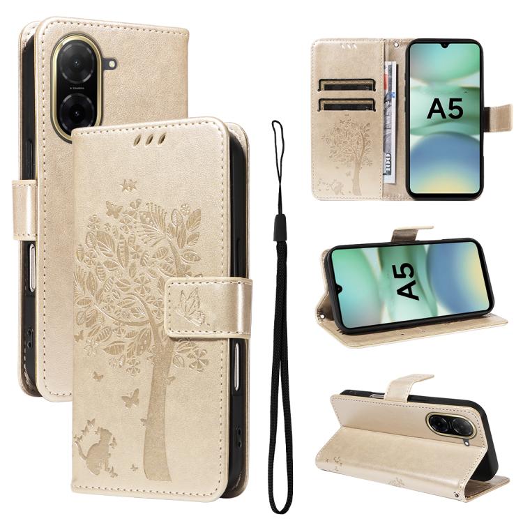 

For Redmi A5 4G 173.3mm Tree & Cat Embossed Pattern Flip Leather Phone Case(Gold)