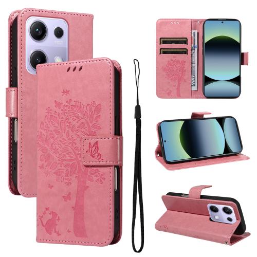 

For Redmi Note 14S 4G / Note 13 Pro 4G Tree & Cat Embossed Pattern Flip Leather Phone Case(Pink)