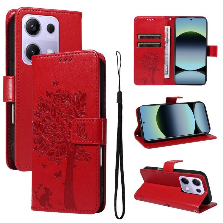 

For Redmi Note 14S 4G / Note 13 Pro 4G Tree & Cat Embossed Pattern Flip Leather Phone Case(Red)