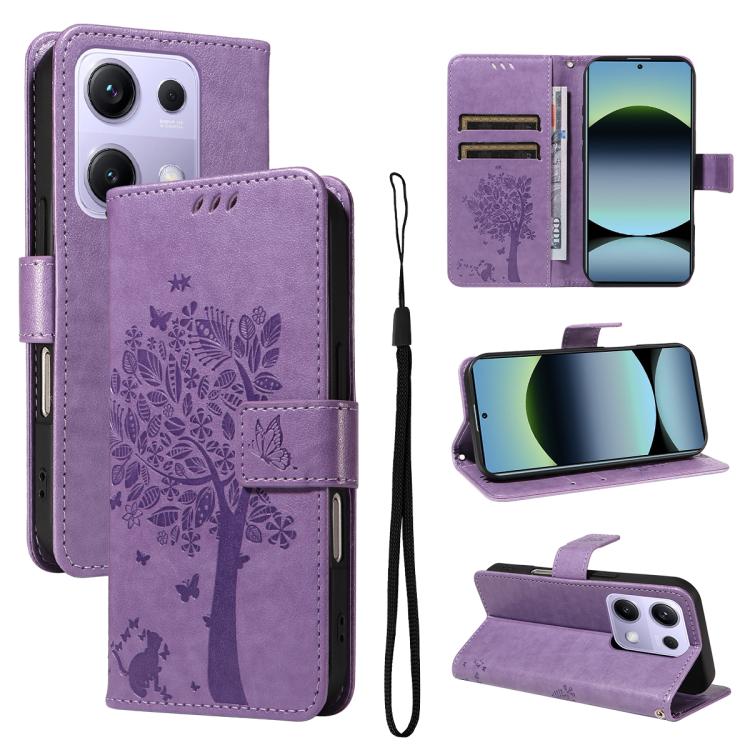 

For Redmi Note 14S 4G / Note 13 Pro 4G Tree & Cat Embossed Pattern Flip Leather Phone Case(Purple)