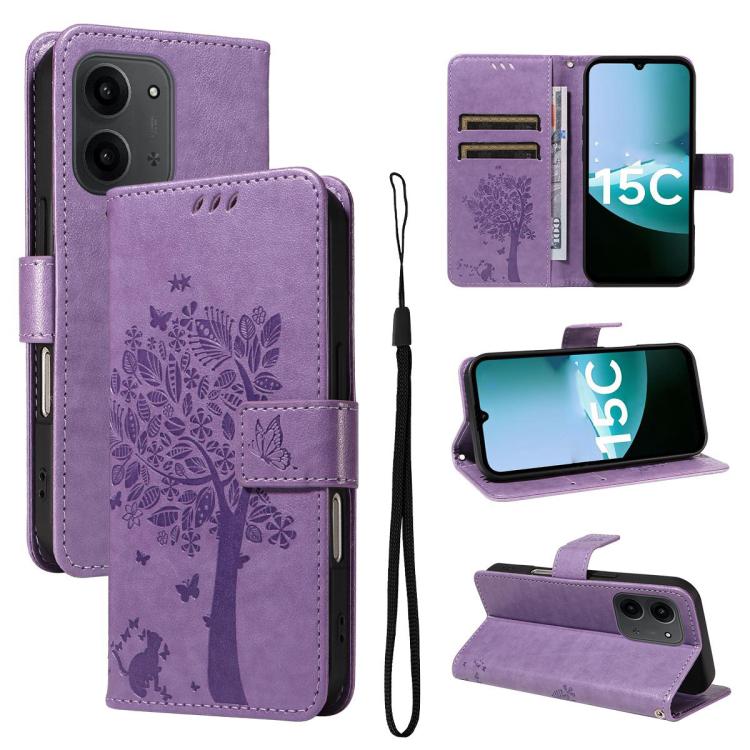 

For Redmi 15C 5G / 4G Global 171mm Tree & Cat Embossed Pattern Flip Leather Phone Case(Light Purple)