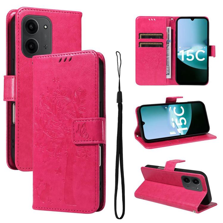 

For Redmi 15C 5G / 4G Global 171mm Tree & Cat Embossed Pattern Flip Leather Phone Case(Rose Red)