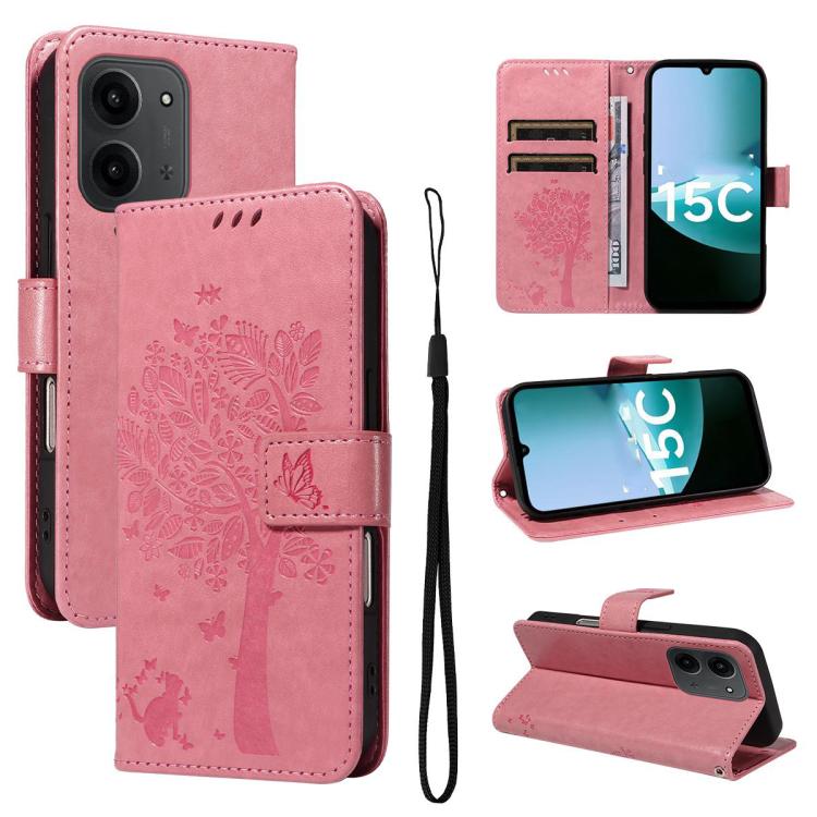 

For Redmi 15C 5G / 4G EU 173mm Tree & Cat Embossed Pattern Flip Leather Phone Case(Pink)
