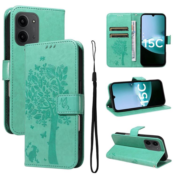 

For Redmi 15C 5G / 4G EU 173mm Tree & Cat Embossed Pattern Flip Leather Phone Case(Green)