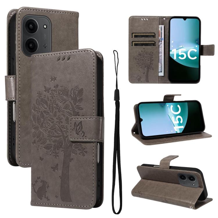 

For Redmi 15C 5G / 4G EU 173mm Tree & Cat Embossed Pattern Flip Leather Phone Case(Grey)