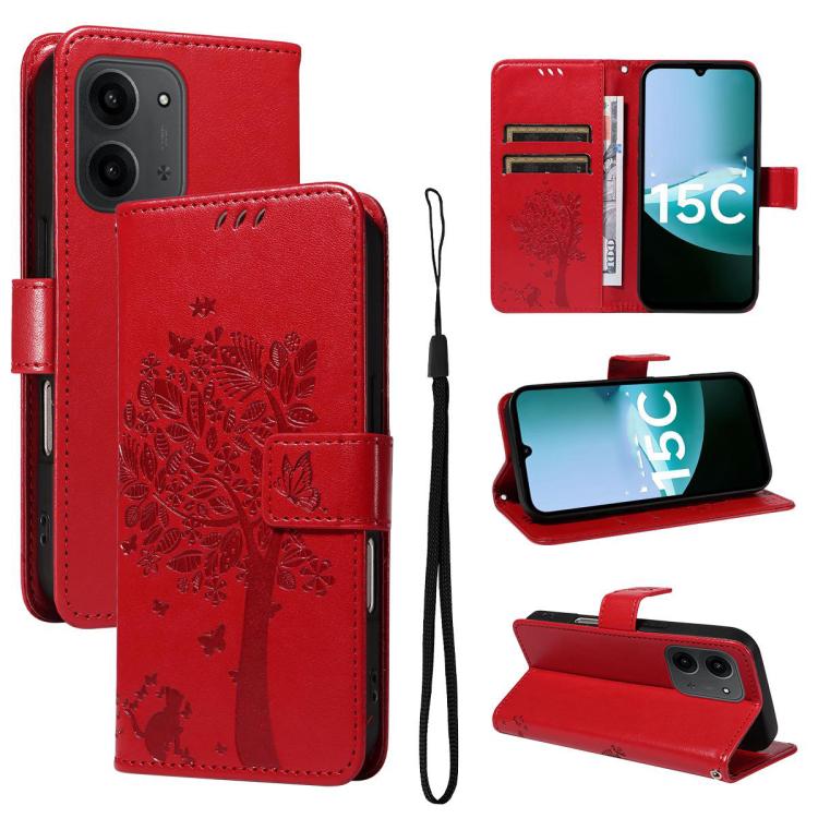 

For Redmi 15C 5G / 4G EU 173mm Tree & Cat Embossed Pattern Flip Leather Phone Case(Red)