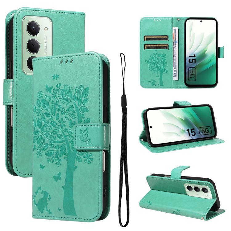 

For Redmi 15 5G Global / 15 4G SEA 169.5mm Tree & Cat Embossed Pattern Flip Leather Phone Case(Green)