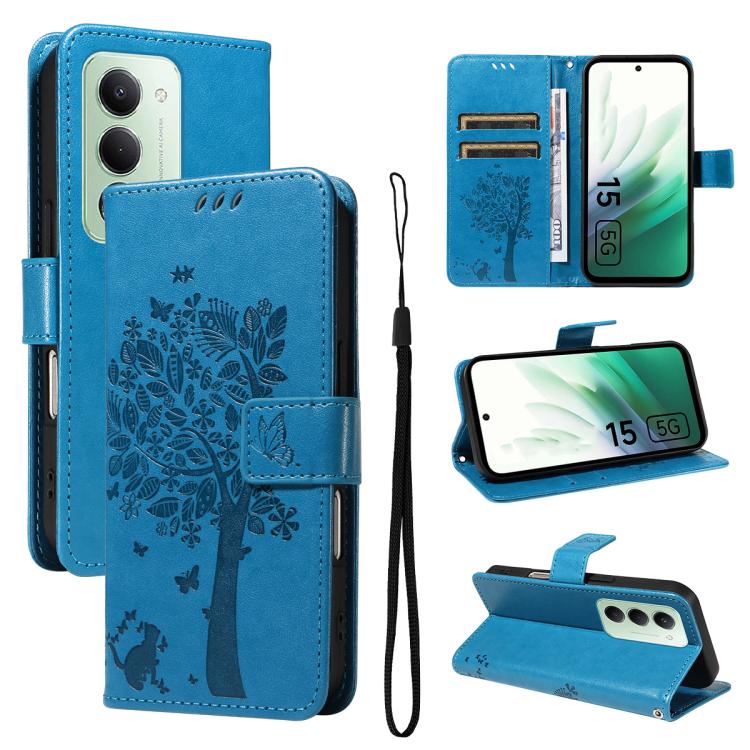 

For Redmi 15 5G Global / 15 4G SEA 169.5mm Tree & Cat Embossed Pattern Flip Leather Phone Case(Blue)
