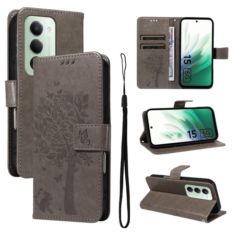 

For Redmi 15 5G Global / 15 4G SEA 169.5mm Tree & Cat Embossed Pattern Flip Leather Phone Case(Grey)