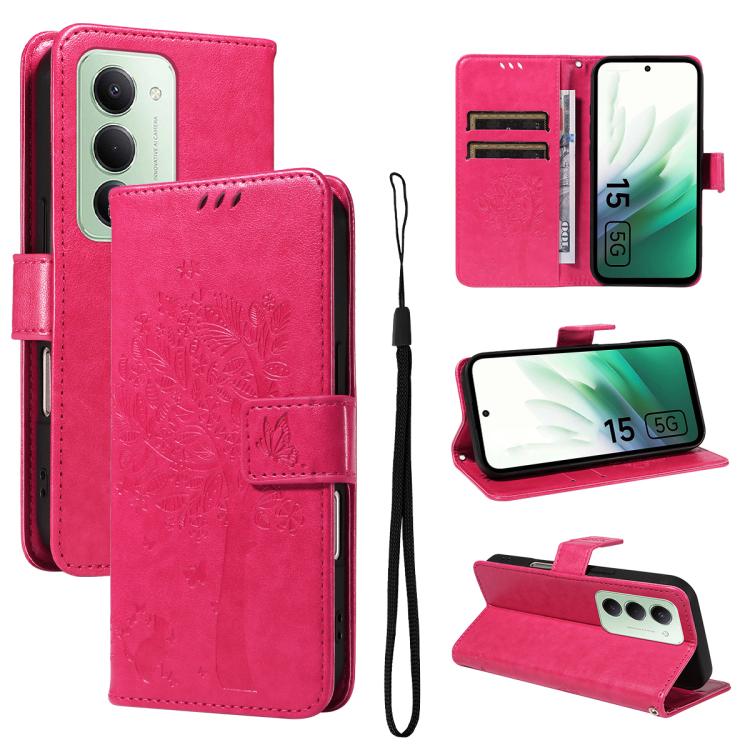 

For Redmi 15 5G Global / 15 4G SEA 169.5mm Tree & Cat Embossed Pattern Flip Leather Phone Case(Rose Red)