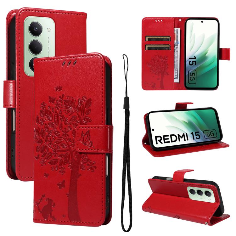 

For Redmi 15 5G Global / 15 4G SEA 169.5mm Tree & Cat Embossed Pattern Flip Leather Phone Case(Red)