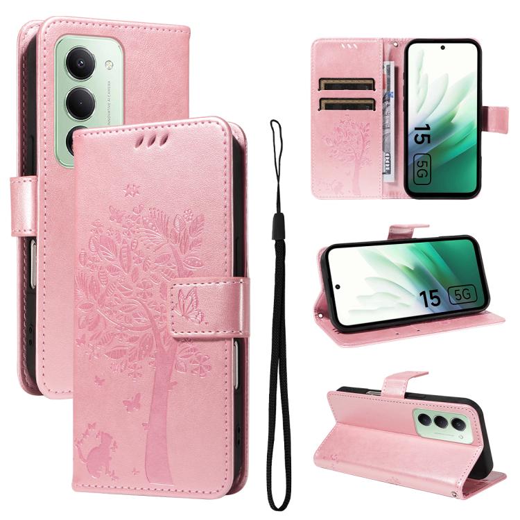 

For Redmi 15 5G Global / 15 4G SEA 169.5mm Tree & Cat Embossed Pattern Flip Leather Phone Case(Rose Gold)