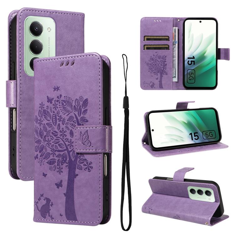 

For Redmi 15 5G / 4G EU 171mm Tree & Cat Embossed Pattern Flip Leather Phone Case(Light Purple)
