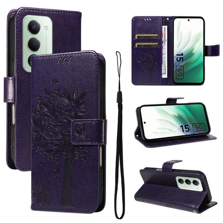 

For Redmi 15 5G / 4G EU 171mm Tree & Cat Embossed Pattern Flip Leather Phone Case(Purple)