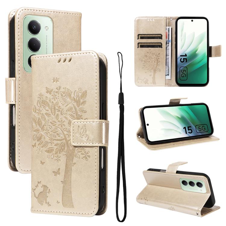 

For Redmi 15 5G / 4G EU 171mm Tree & Cat Embossed Pattern Flip Leather Phone Case(Gold)
