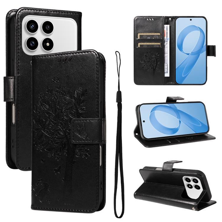 

For Redmi K90 / Poco F8 Pro Tree & Cat Embossed Pattern Flip Leather Phone Case(Black)