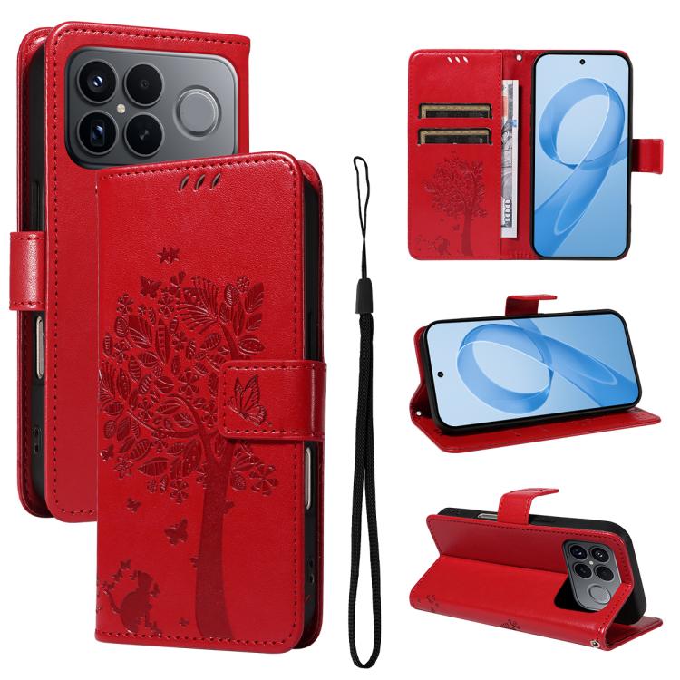 

For Redmi K90 Pro Max/Poco F8 Ultra Tree & Cat Embossed Pattern Flip Leather Phone Case(Red)