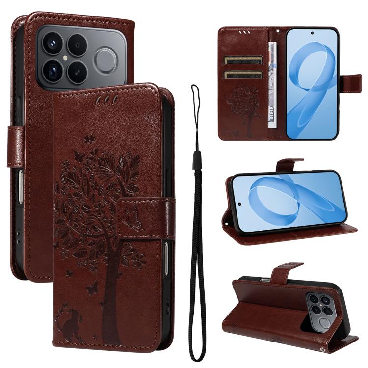 

For Redmi K90 Pro Max/Poco F8 Ultra Tree & Cat Embossed Pattern Flip Leather Phone Case(Coffee)