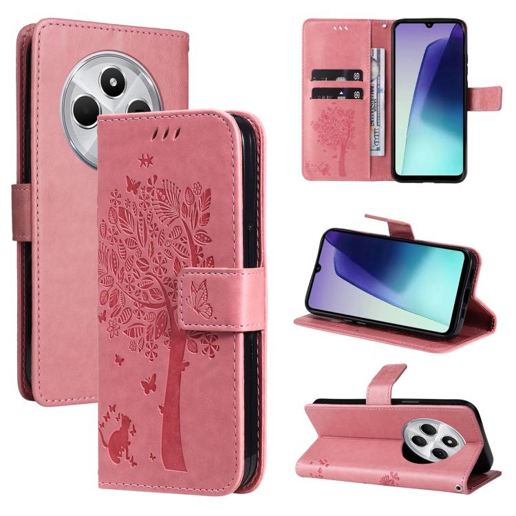 For Redmi 17C/14C 4G/A4 5G/Poco C75 5G Tree & Cat Embossed Pattern Flip Leather Phone Case(Pink)