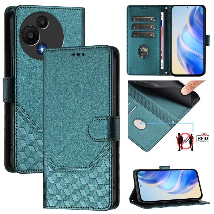 

For TCL 605 / 60 SE Honeycomb Embossing RFID Leather Phone Case(Peacock Green)