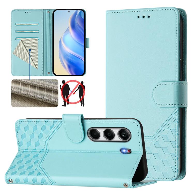 

For Tecno Camon 40 Pro 4G Honeycomb Embossing RFID Leather Phone Case(Mint Green)