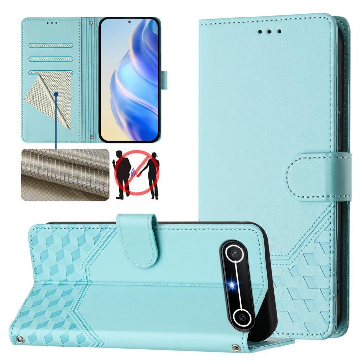 

For Tecno Spark Slim 5G Honeycomb Embossing RFID Leather Phone Case(Mint Green)
