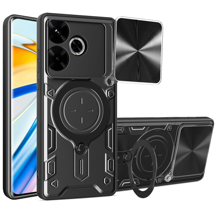 

For Redmi 13 4G Global CD Texture Sliding Camshield Magnetic Holder Phone Case(Black)