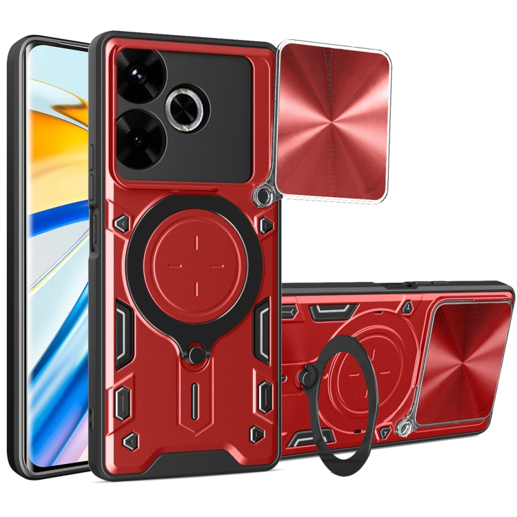 

For Redmi 13 4G Global CD Texture Sliding Camshield Magnetic Holder Phone Case(Red)