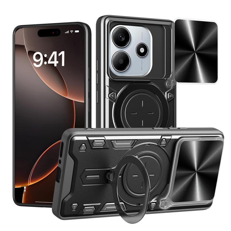 

For Redmi Note 14 5G CD Texture Sliding Camshield Magnetic Holder Phone Case(Black)