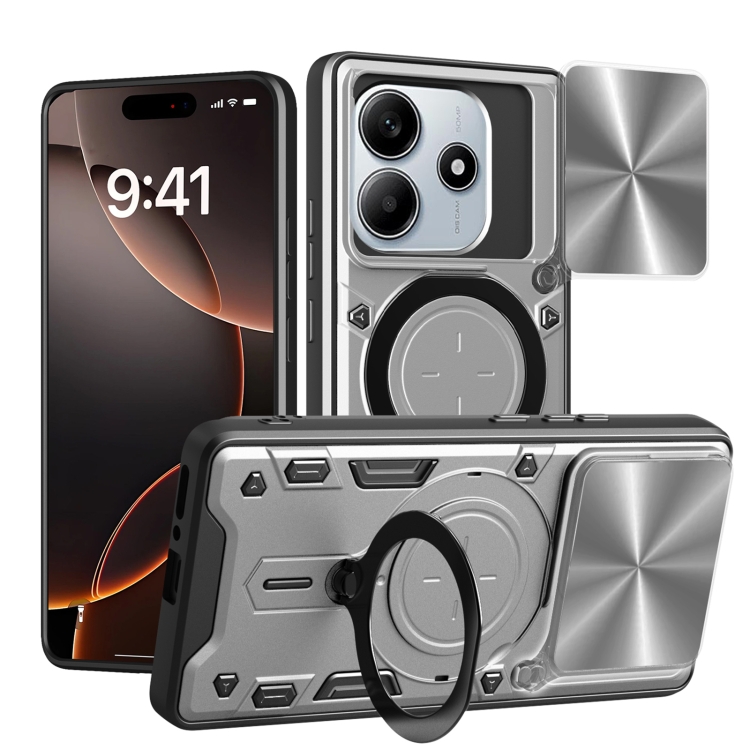 

For Redmi Note 14 5G CD Texture Sliding Camshield Magnetic Holder Phone Case(Silver)