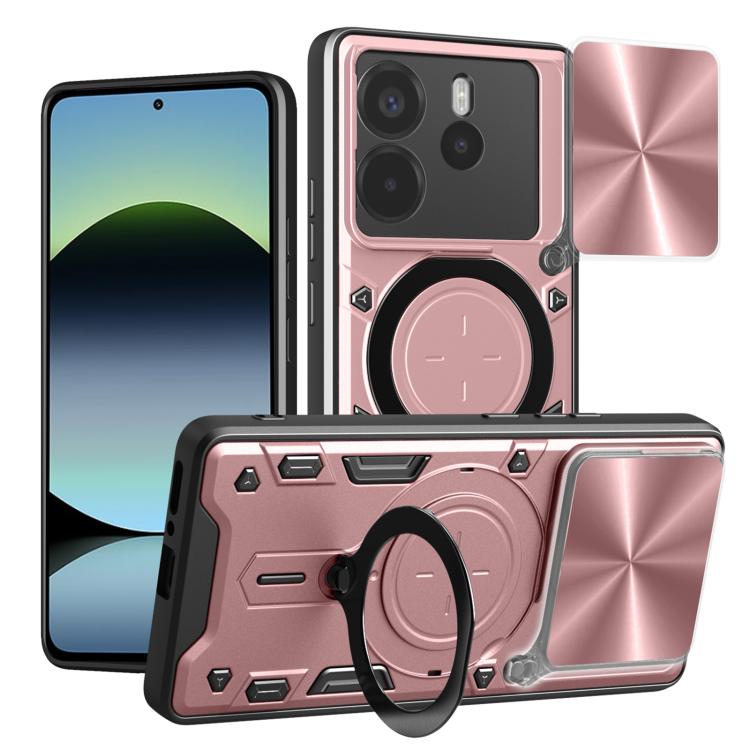 

For Redmi Note 14 4G 164.48mm CD Texture Sliding Camshield Magnetic Holder Phone Case(Rose Gold)