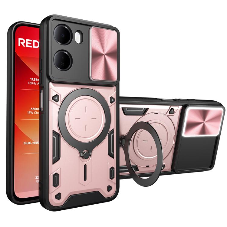 For Redmi 15a 5G CD Texture Sliding Camshield Magnetic Holder Phone Case(Rose Gold)