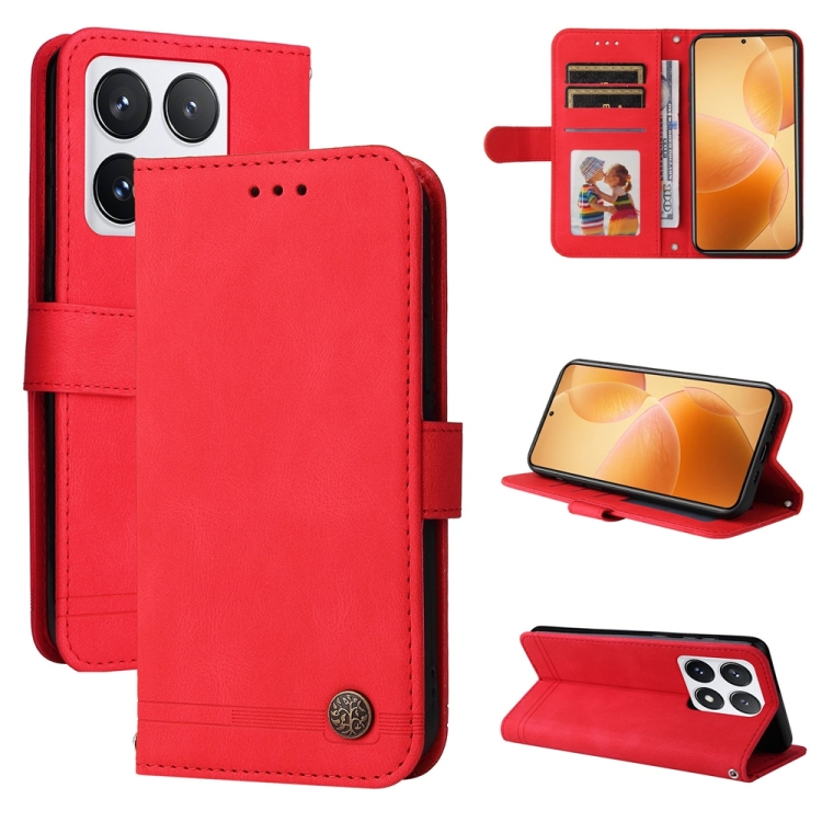 

For Xiaomi 14T Pro Skin Feel Life Tree Metal Button Leather Phone Case(Red)