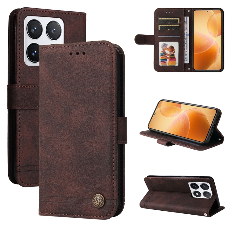 

For Xiaomi 14T Pro Skin Feel Life Tree Metal Button Leather Phone Case(Brown)