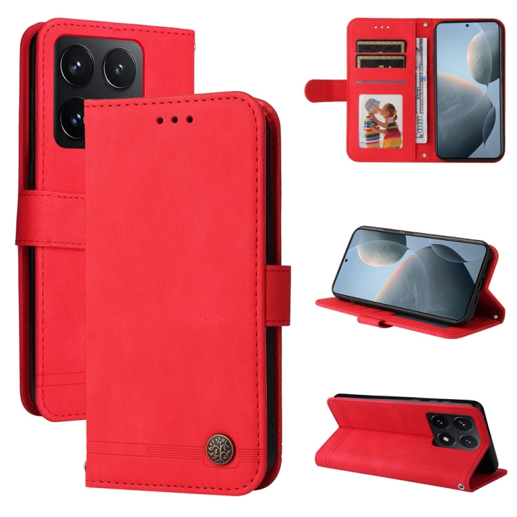 

For Xiaomi 14T Skin Feel Life Tree Metal Button Leather Phone Case(Red)
