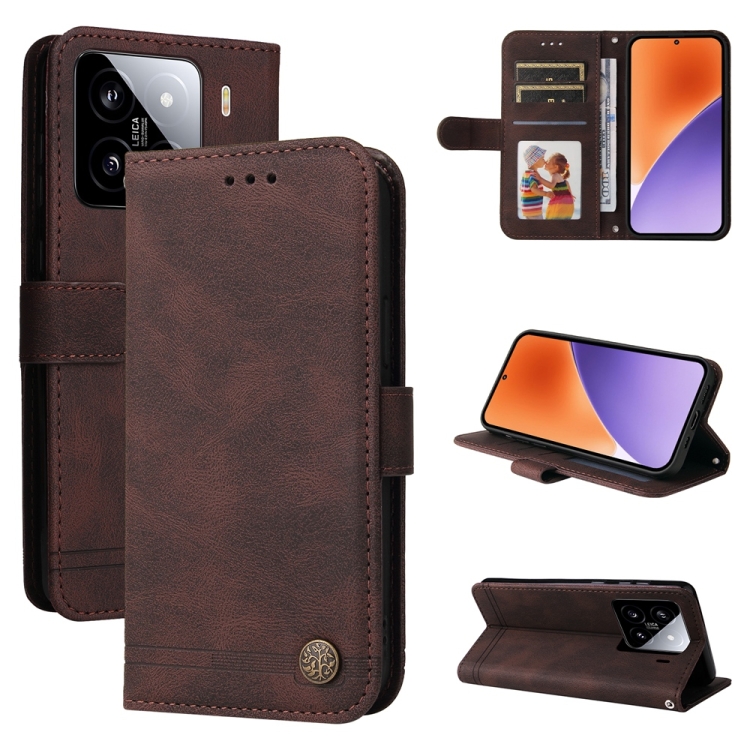 

For Xiaomi 15 Skin Feel Life Tree Metal Button Leather Phone Case(Brown)