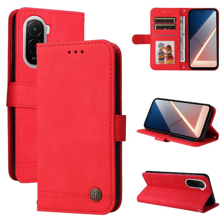 

For Xiaomi Poco M7 4G 171mm Skin Feel Life Tree Metal Button Leather Phone Case(Red)