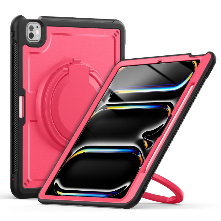 

For iPad Pro 13 2024 Honeycomb Hybrid Tablet Case with Handle Holder & Strap(Rose Red)
